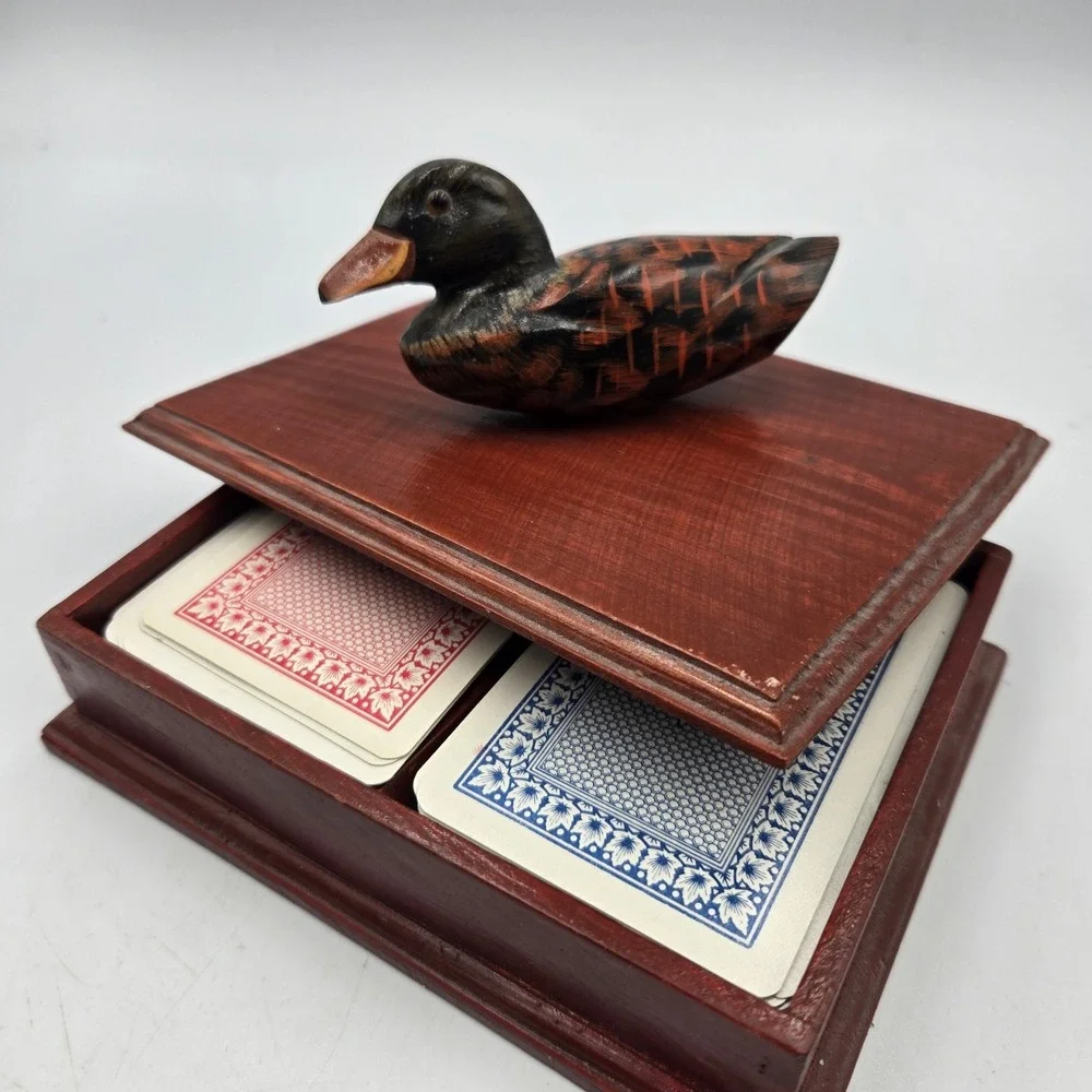 VTG Mallard‎ Duck Wood Box Trinket Holder & 2 Full Small Card Decks Decoy Decor